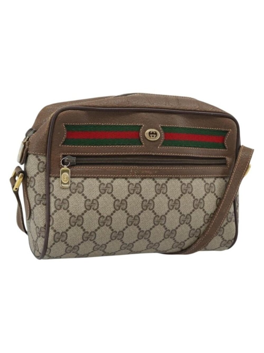Authentic GUCCI GG Supreme Web Sherry Line Shoulder Bag PVC Beige Gold